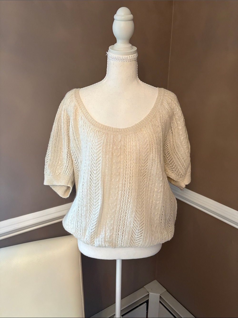 Express Cream Open-Knit Scoop Neck Pullover